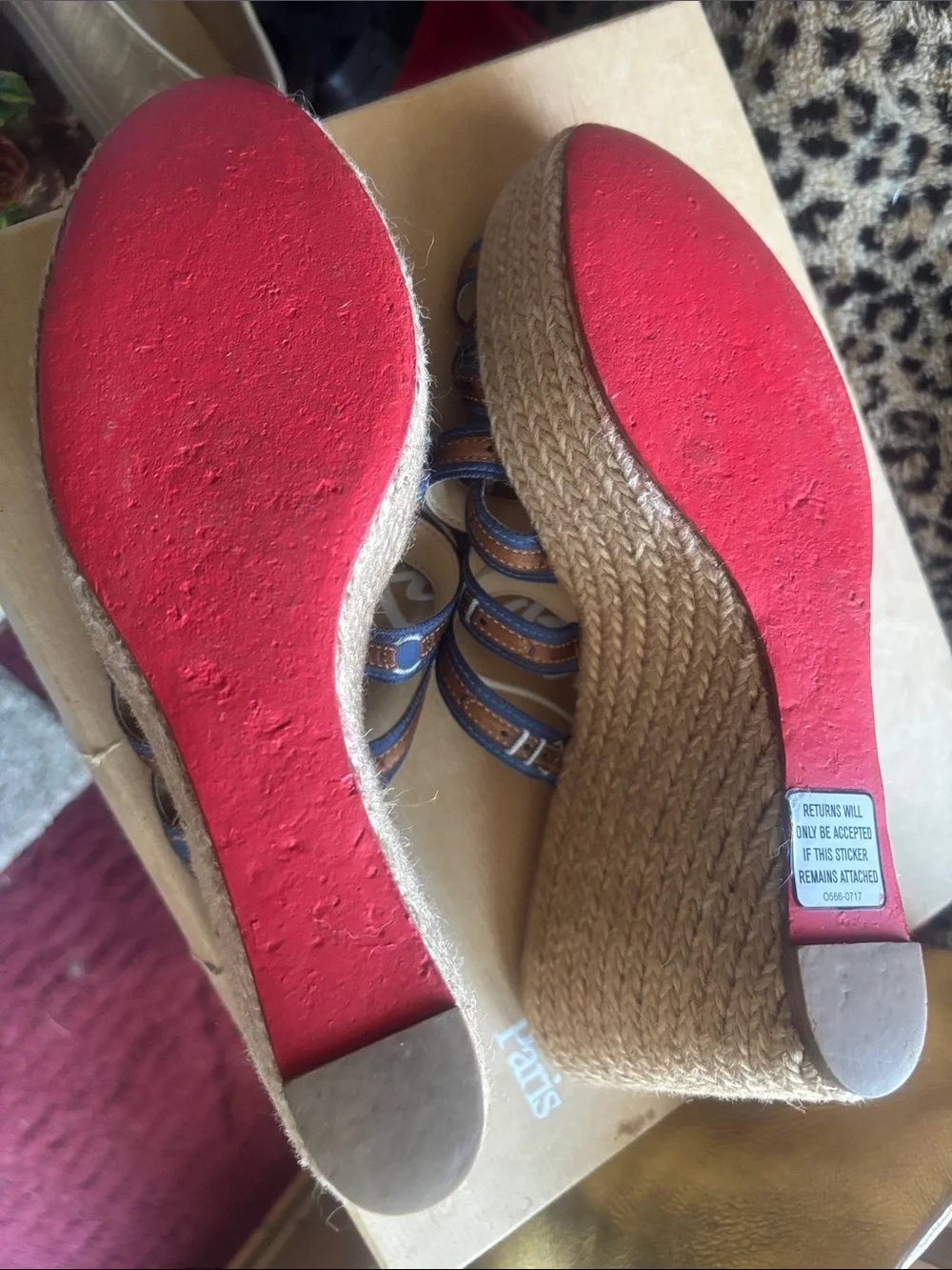 Christian Louboutin Navy and Tan Woven Espadrille Wedge Slides
